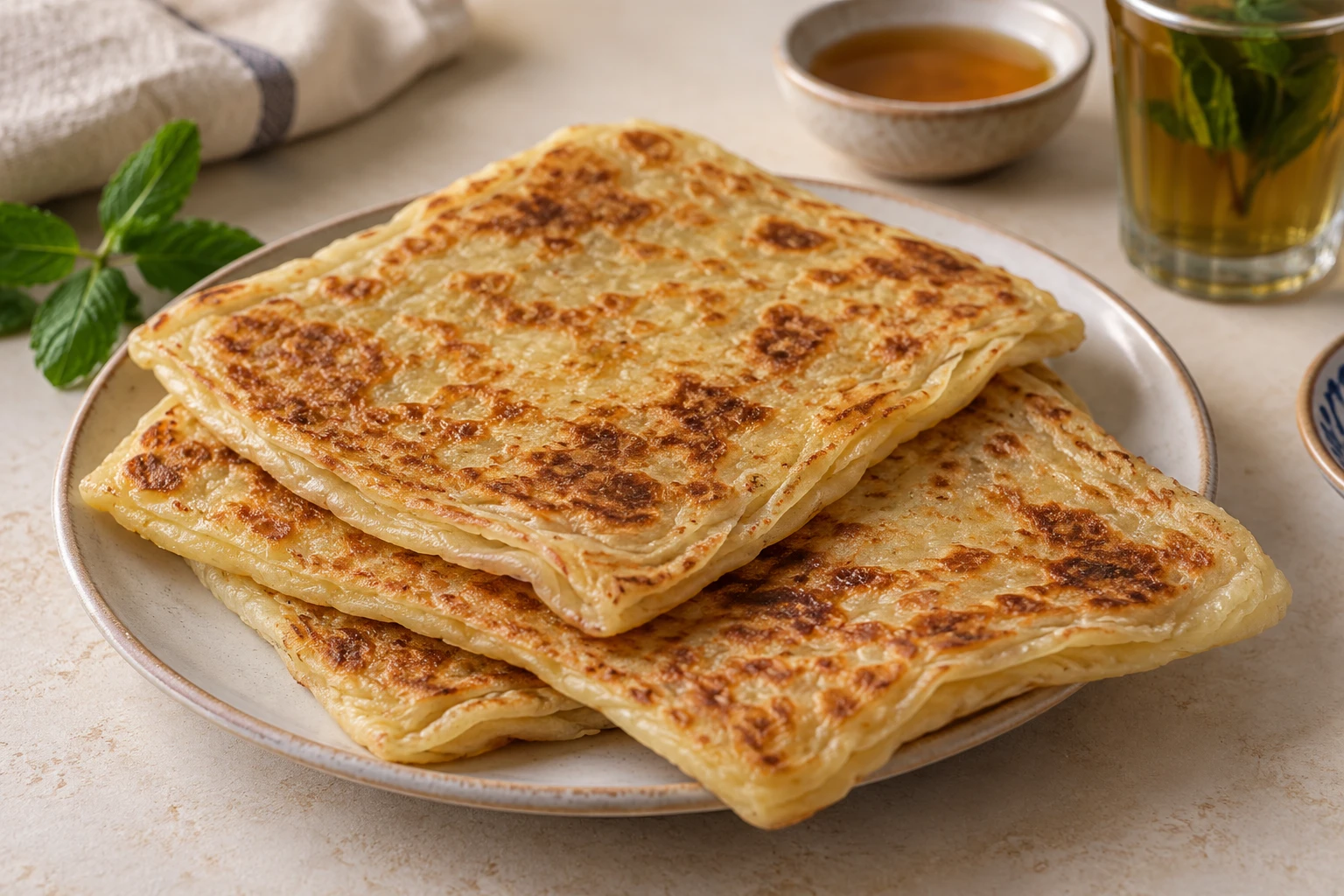 Golden square msemen flatbreads stacked on a plate beside honey and mint tea