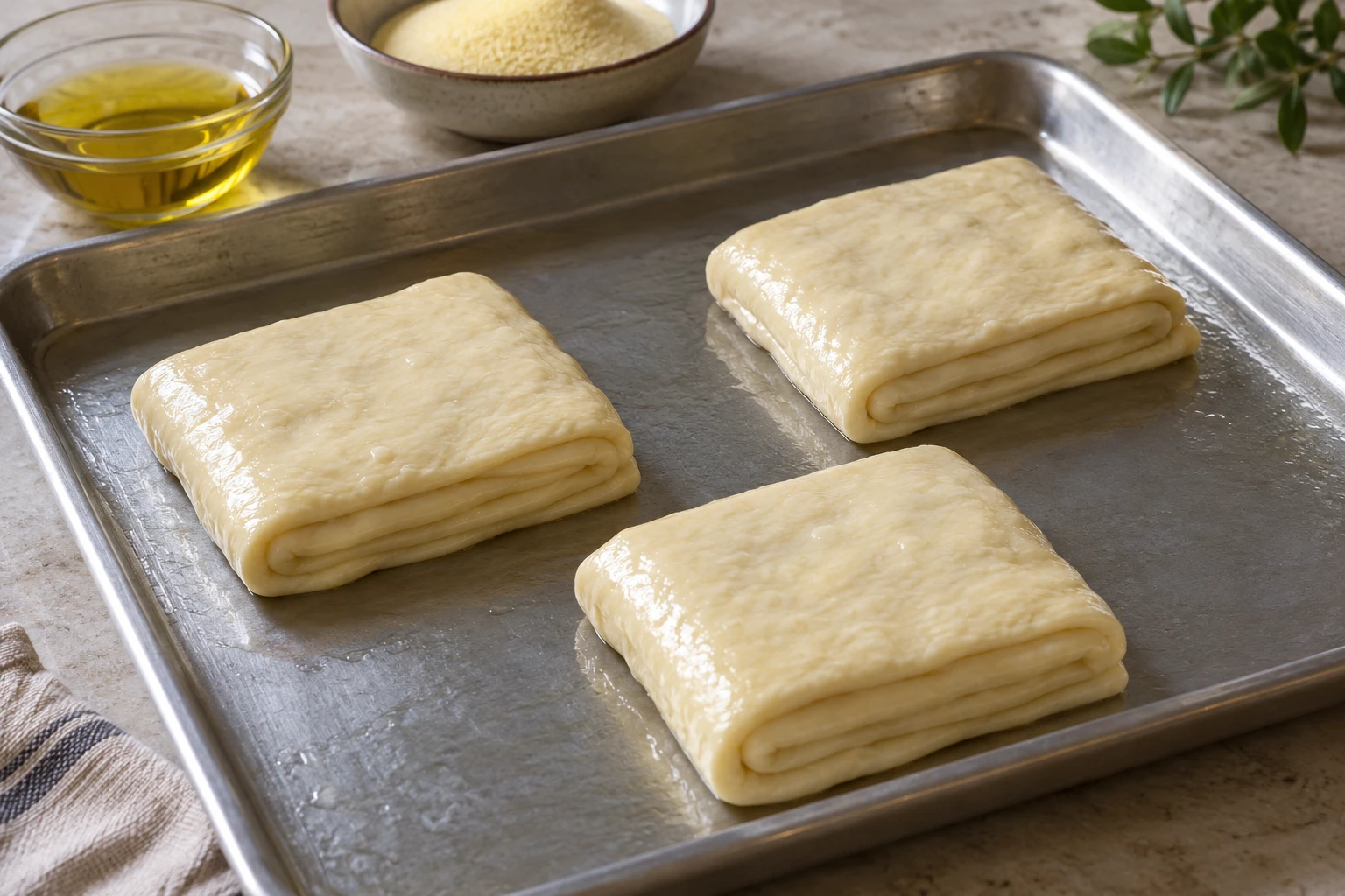 Uncooked folded msemen dough squares resting on an oiled tray beside oil and fine semolina