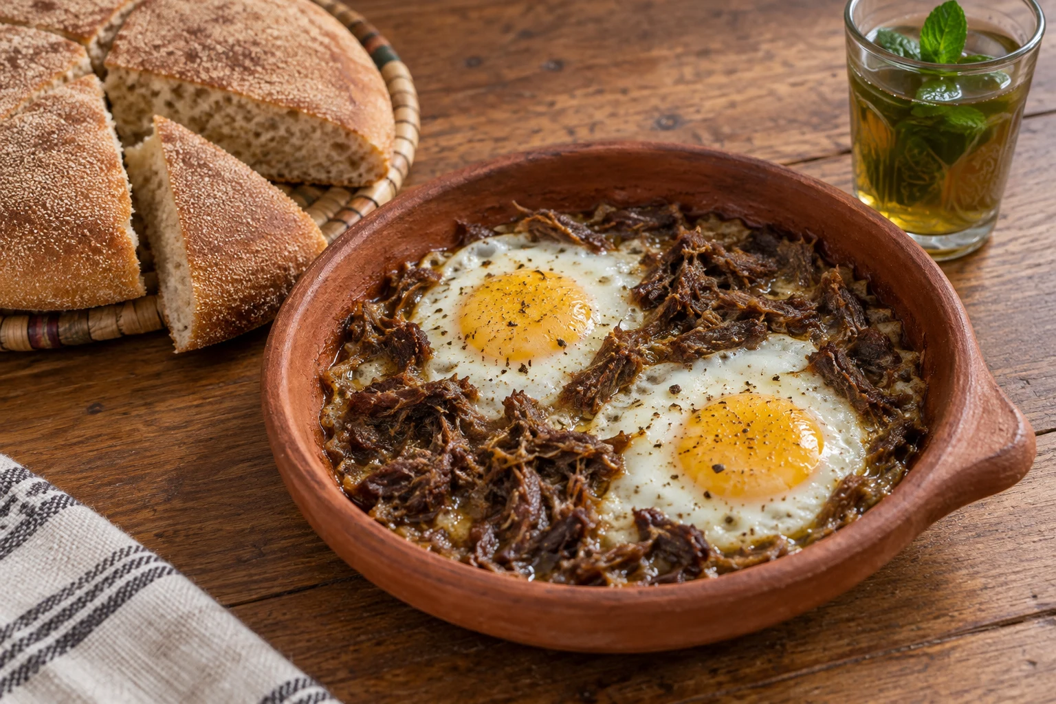 Two fully set fried eggs with dark fibrous khlii meat in a terracotta skillet, beside Moroccan bread and mint tea.