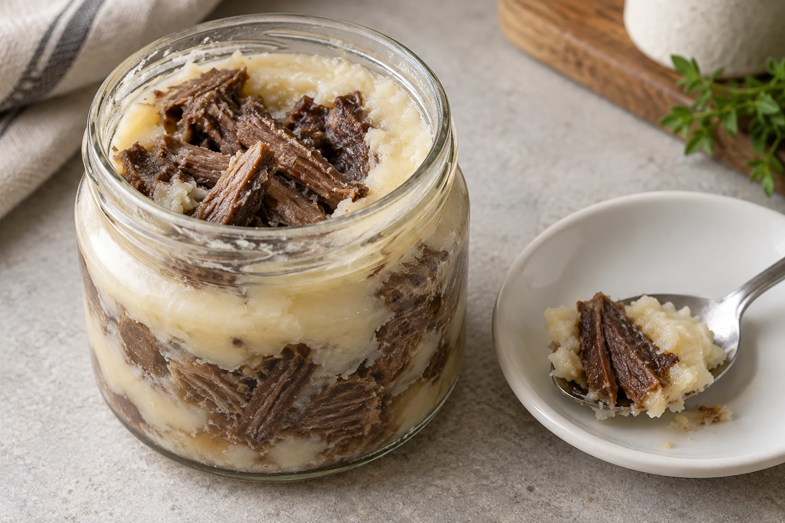 An opened glass jar of brown khlii strips in pale solidified cooking fat, with a spoonful on a saucer.
