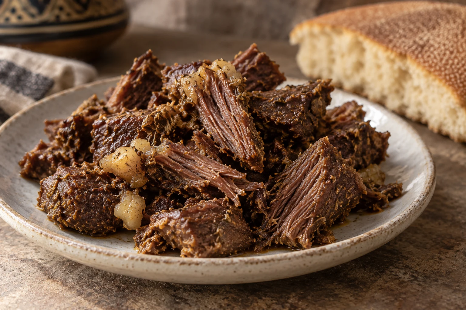 Dark cooked khlii pieces separate into coarse meat fibers on a small plate beside a wedge of bread.