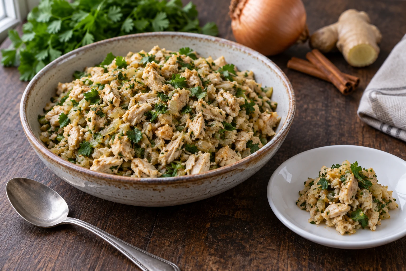 Cooked chopped chicken, onion and herbs in a bowl with a small portion on a saucer.