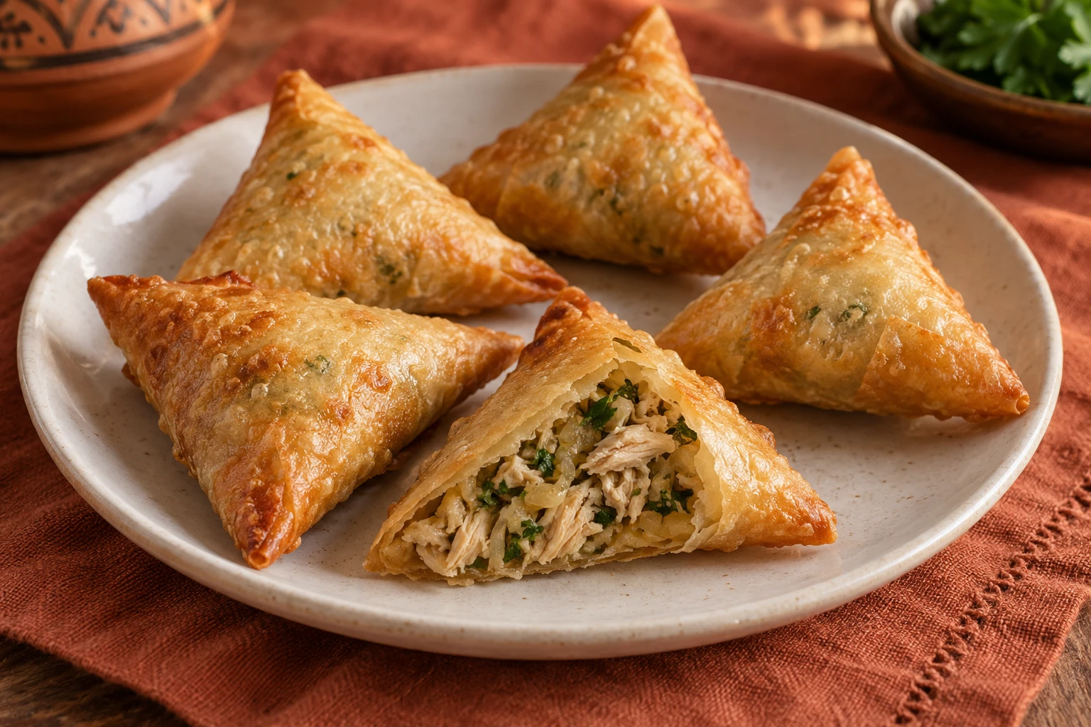 Golden triangular chicken briouats on a ceramic plate, one opened to show cooked chicken and herbs.