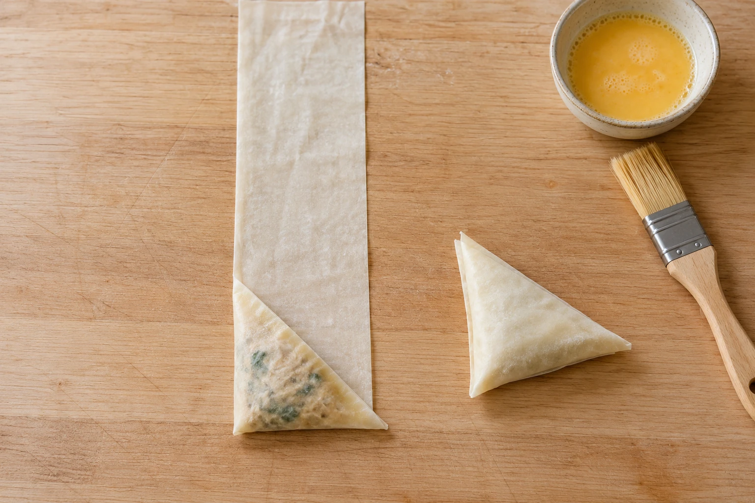 A long filo strip with its first triangular fold enclosing the filling beside a completed uncooked triangle.