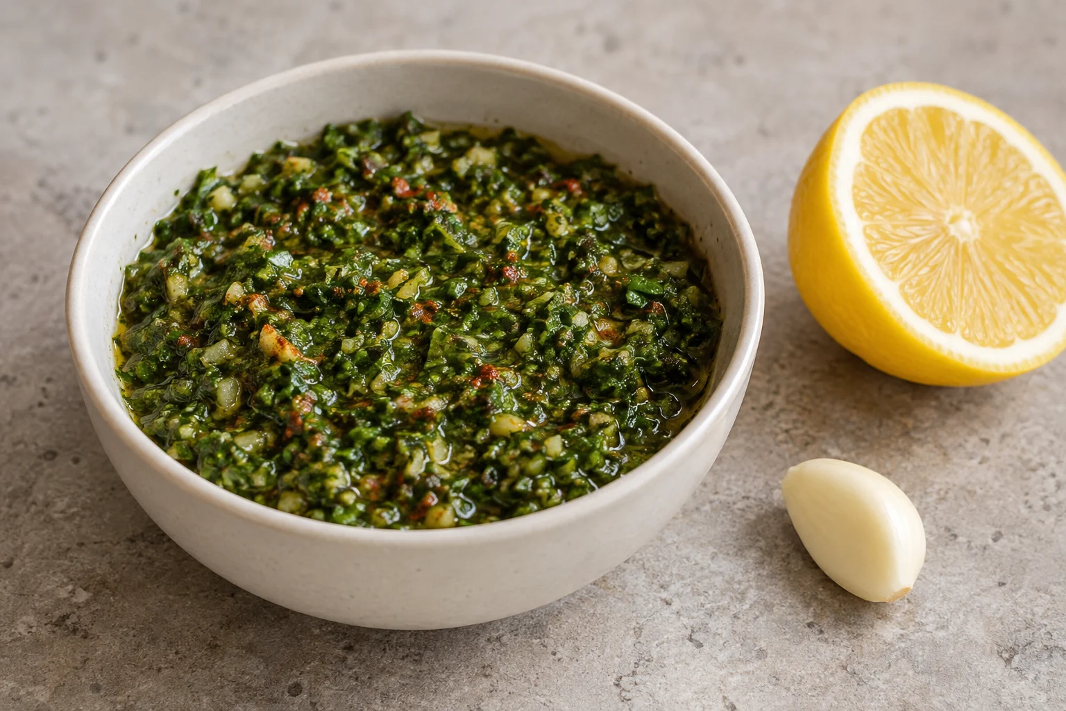 Coarse chopped green herb and garlic mixture beside lemon and a garlic clove