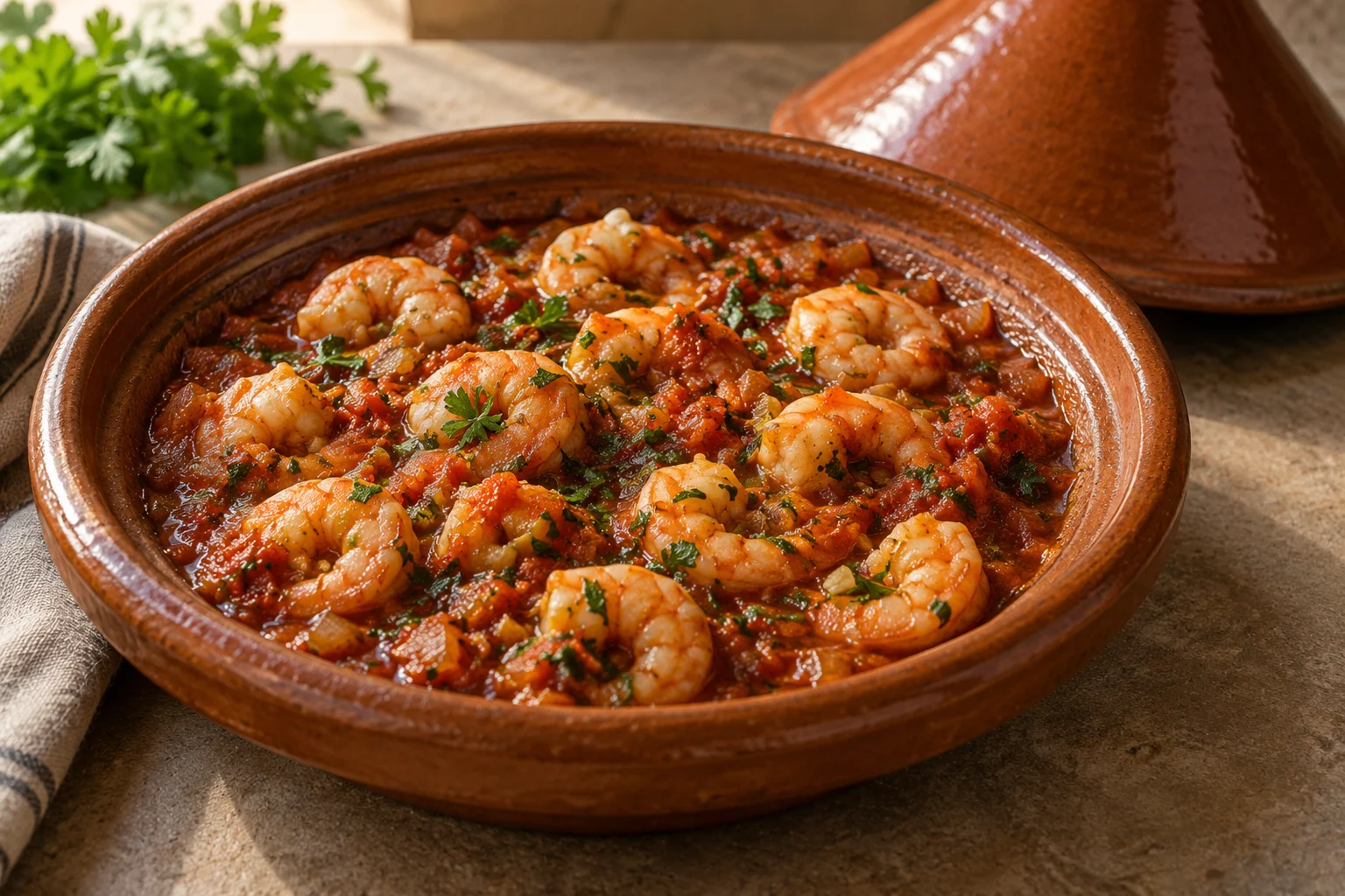 Peeled cooked shrimp in thick tomato and herb sauce in a shallow terracotta dish