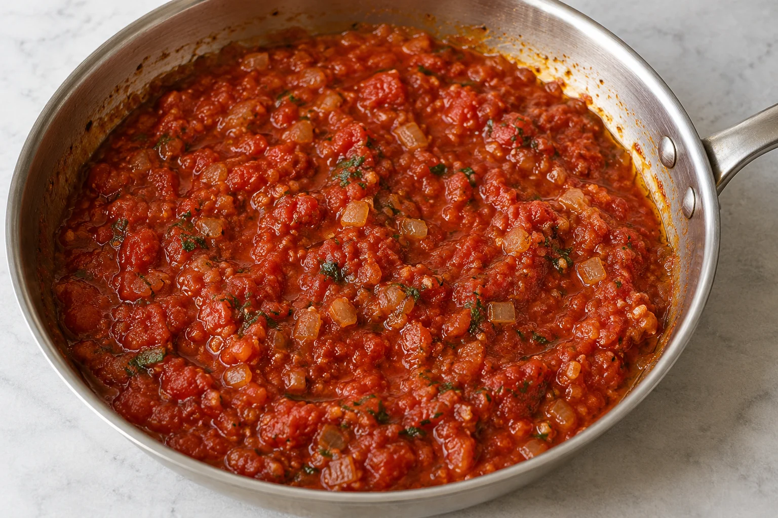 Thick deep-red tomato-onion sauce with small herb flecks in a skillet