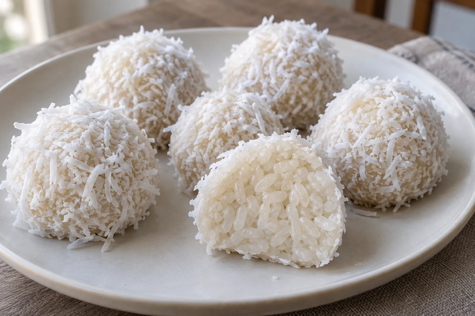 Coconut-coated whole-rice balls, one cut to show the cooked grains
