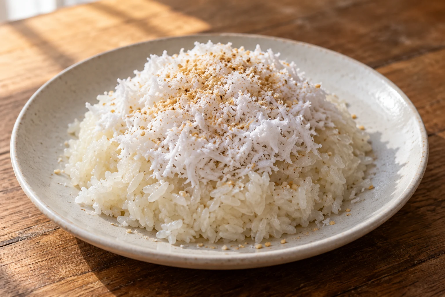 White sticky rice topped with grated coconut and crushed sesame salt