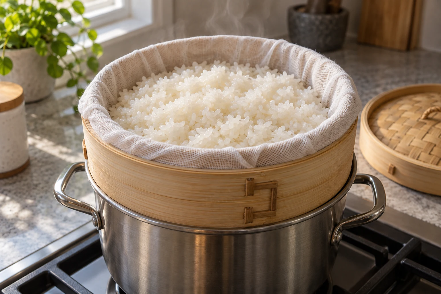 Cooked white sticky rice in a cloth-lined steamer above a pot
