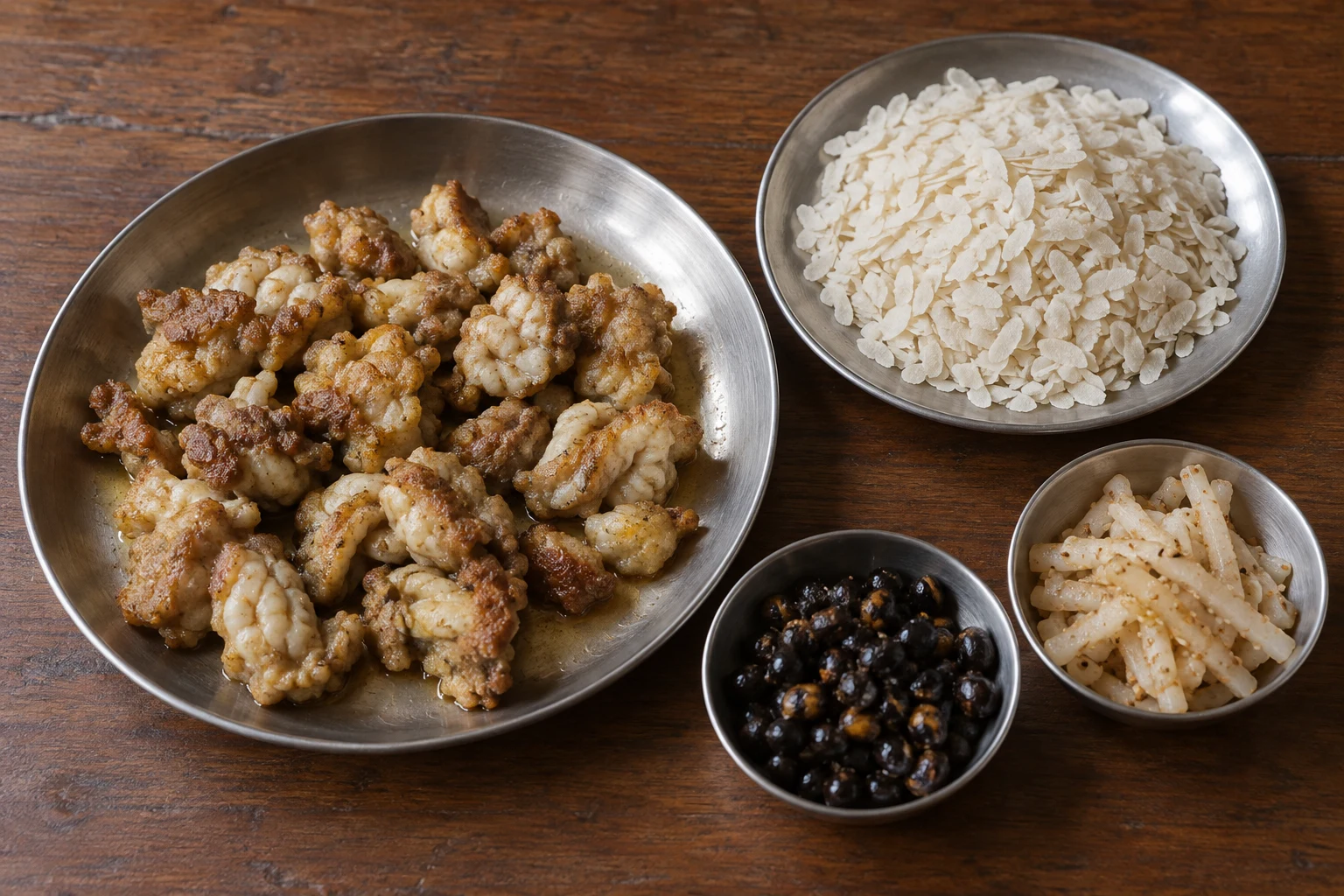 Brain fry beside separate dishes of beaten rice, black soybeans and radish pickle