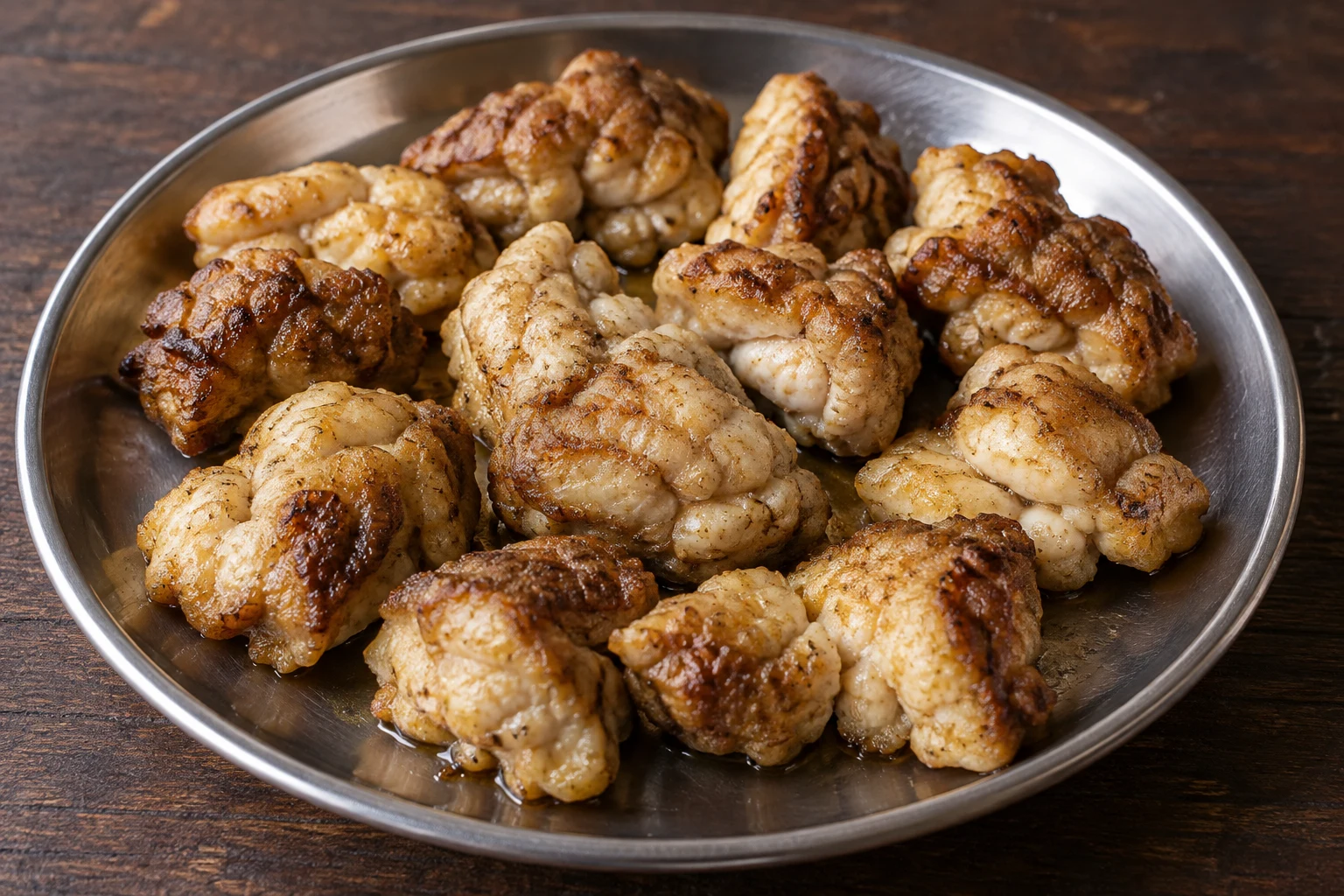 Golden fried buffalo-brain pieces with pale folds on a small metal plate