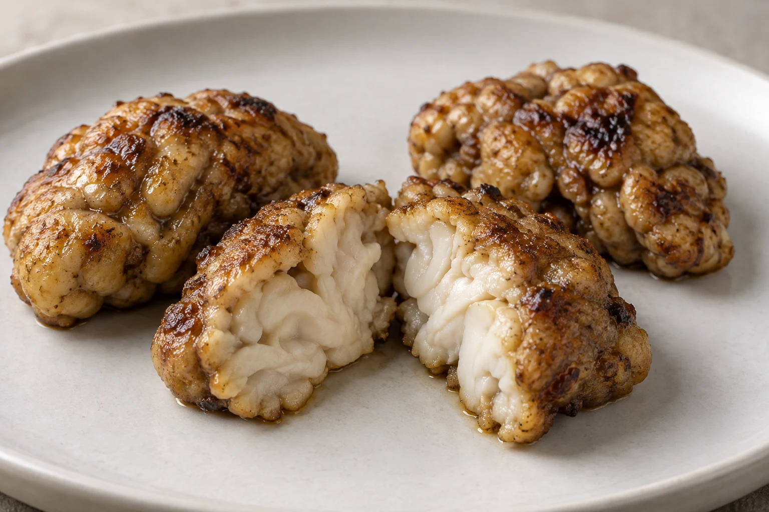 A divided piece of fried brain showing a pale, soft interior beneath its browned surface