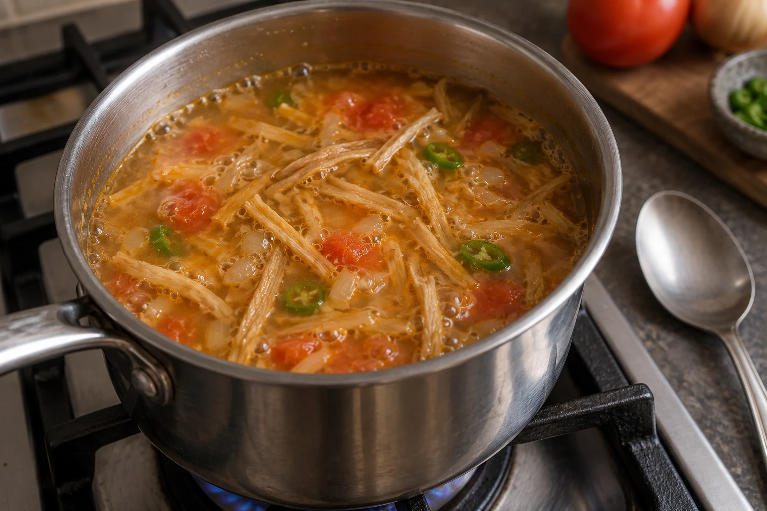 A saucepan of amber broth simmering with softened radish slivers, onion, tomato and green chilli