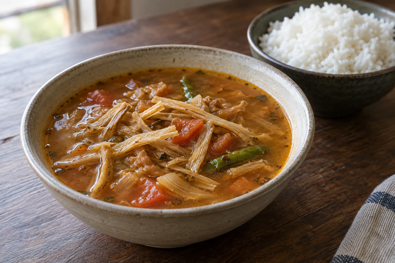 Tan fermented radish slivers in a thin tomato and onion broth beside plain rice