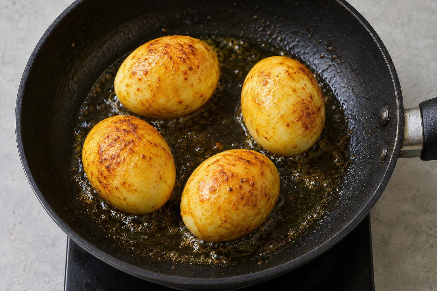 Four peeled hard-boiled eggs with golden spice coating in a shallow frying pan
