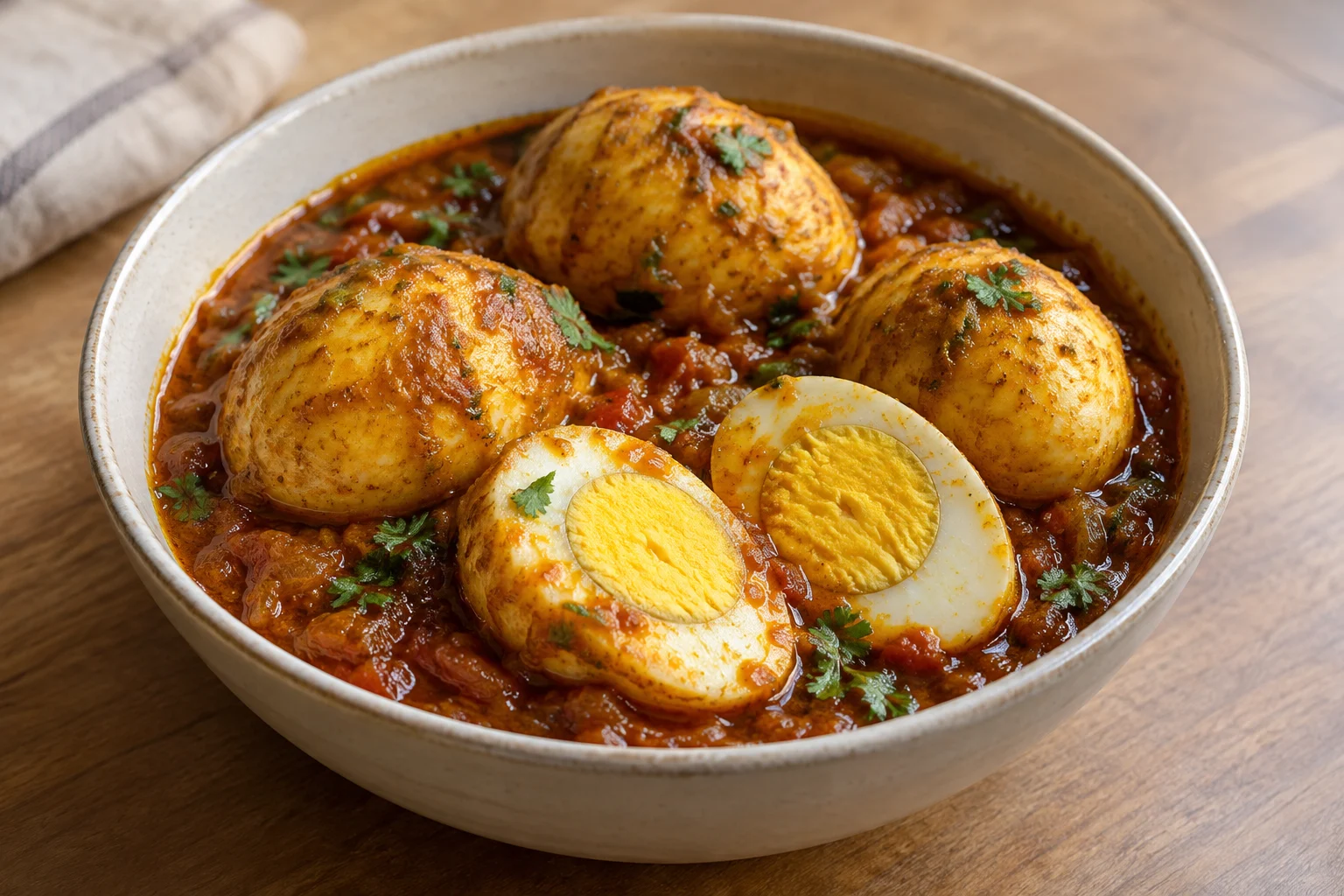 Golden whole eggs and firm-yolk halves in reddish tomato-onion curry