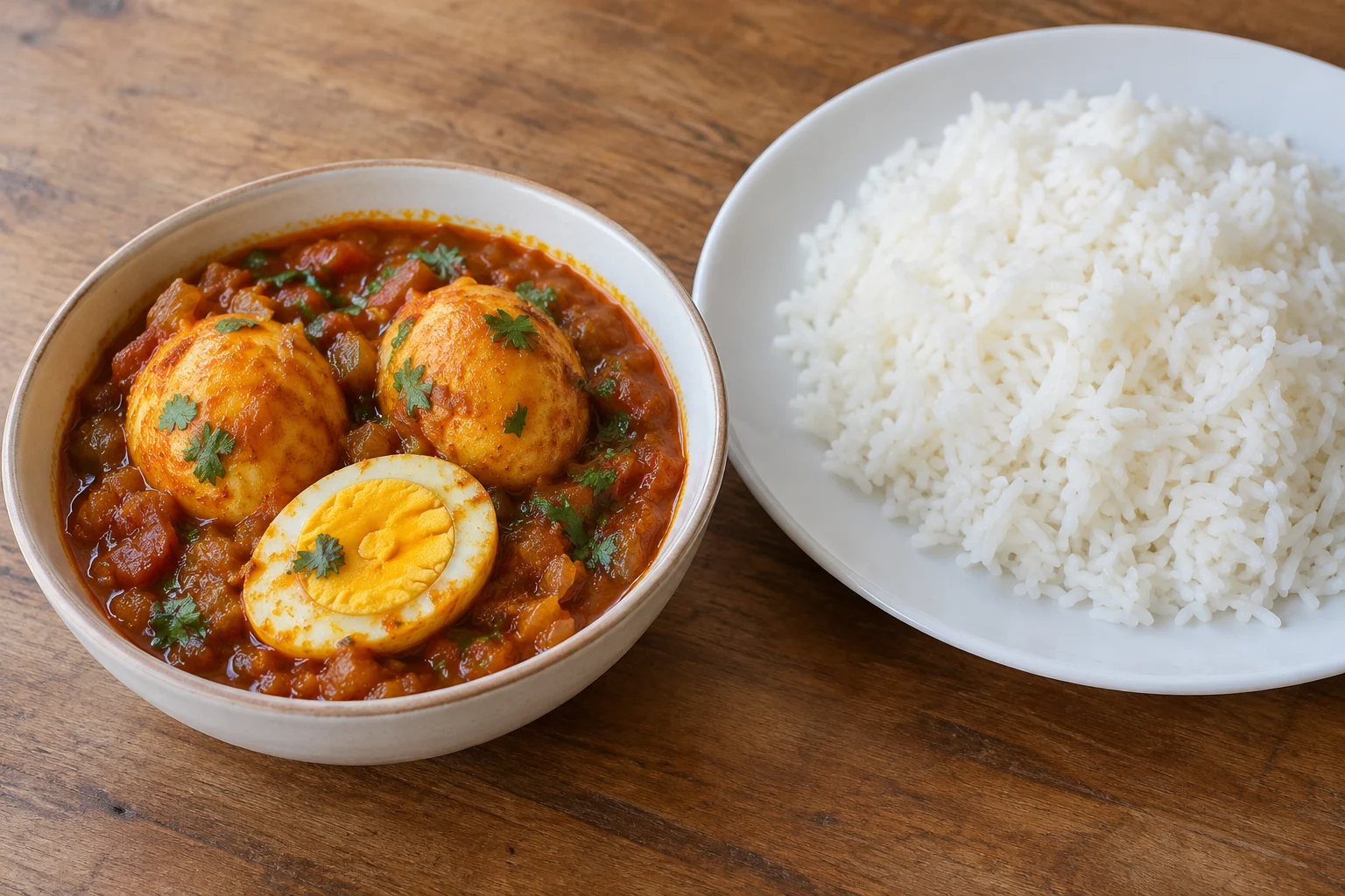 A bowl of egg curry beside plain steamed white rice