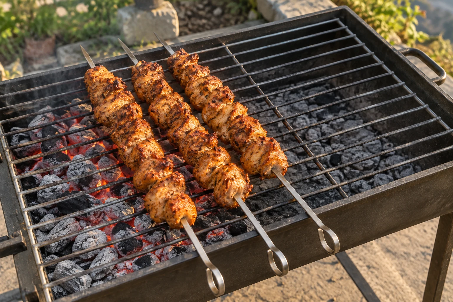 Golden chicken skewers over a charcoal grill with coals banked toward one side and open space beside them