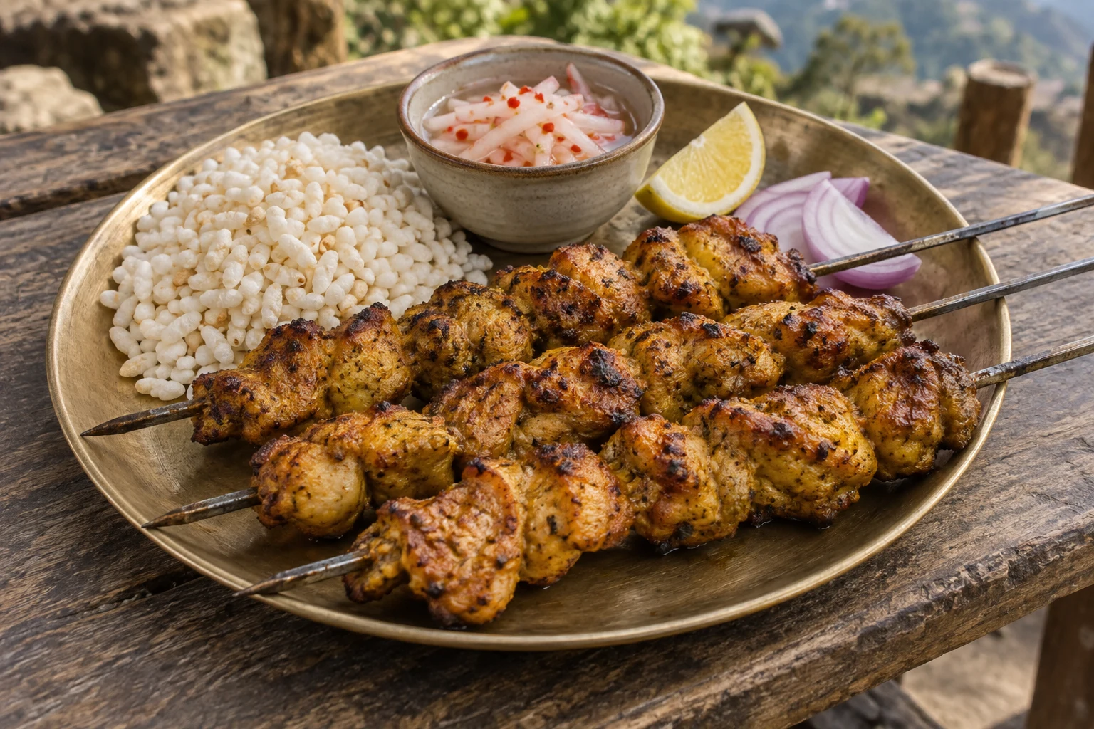Golden browned chicken sekuwa skewers with puffed rice, a small radish side, lemon and onion