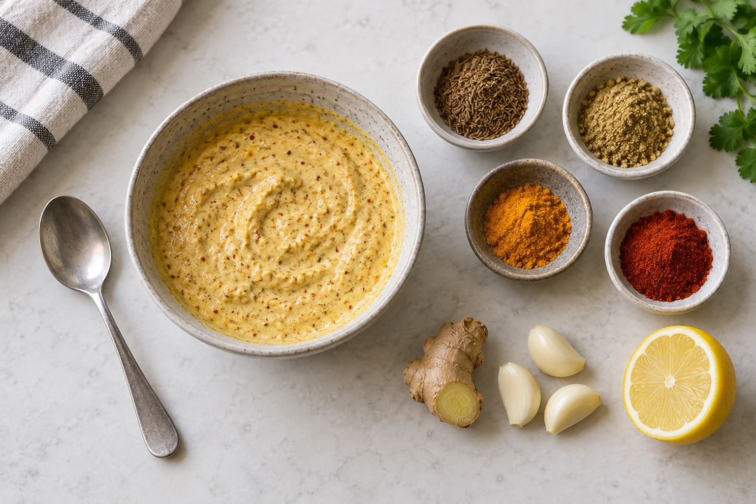 Yogurt marinade in a bowl with cumin seeds, ground spices, fresh ginger, peeled garlic and lemon prepared separately