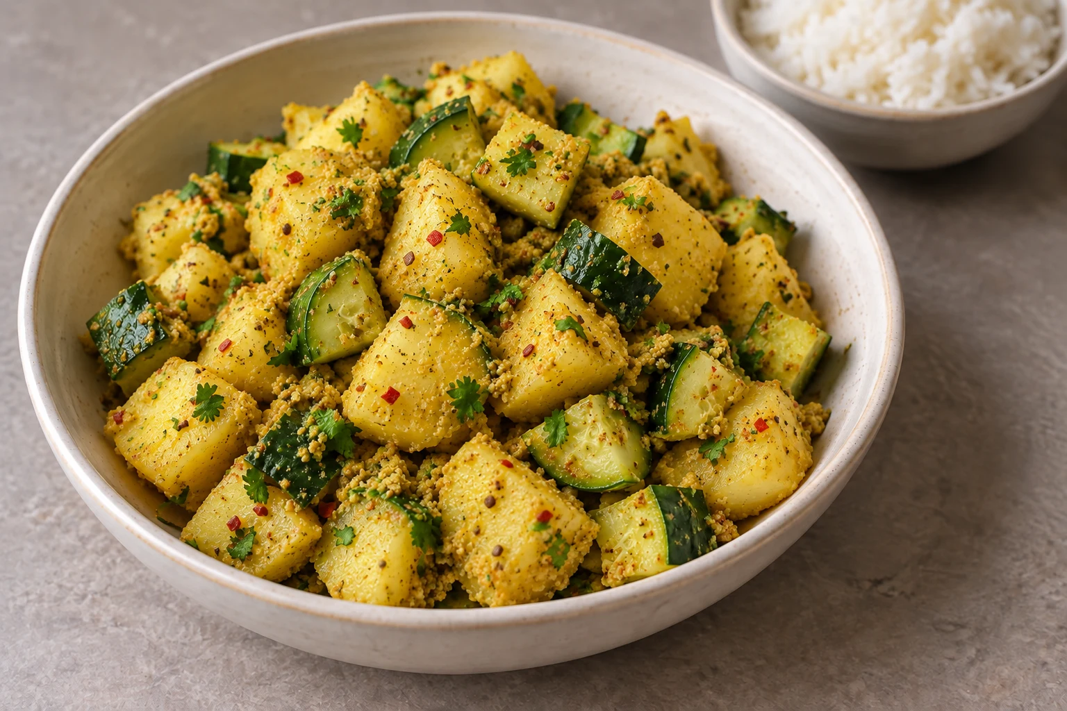 Potato and cucumber chunks in a golden sesame dressing with chopped coriander, with rice alongside