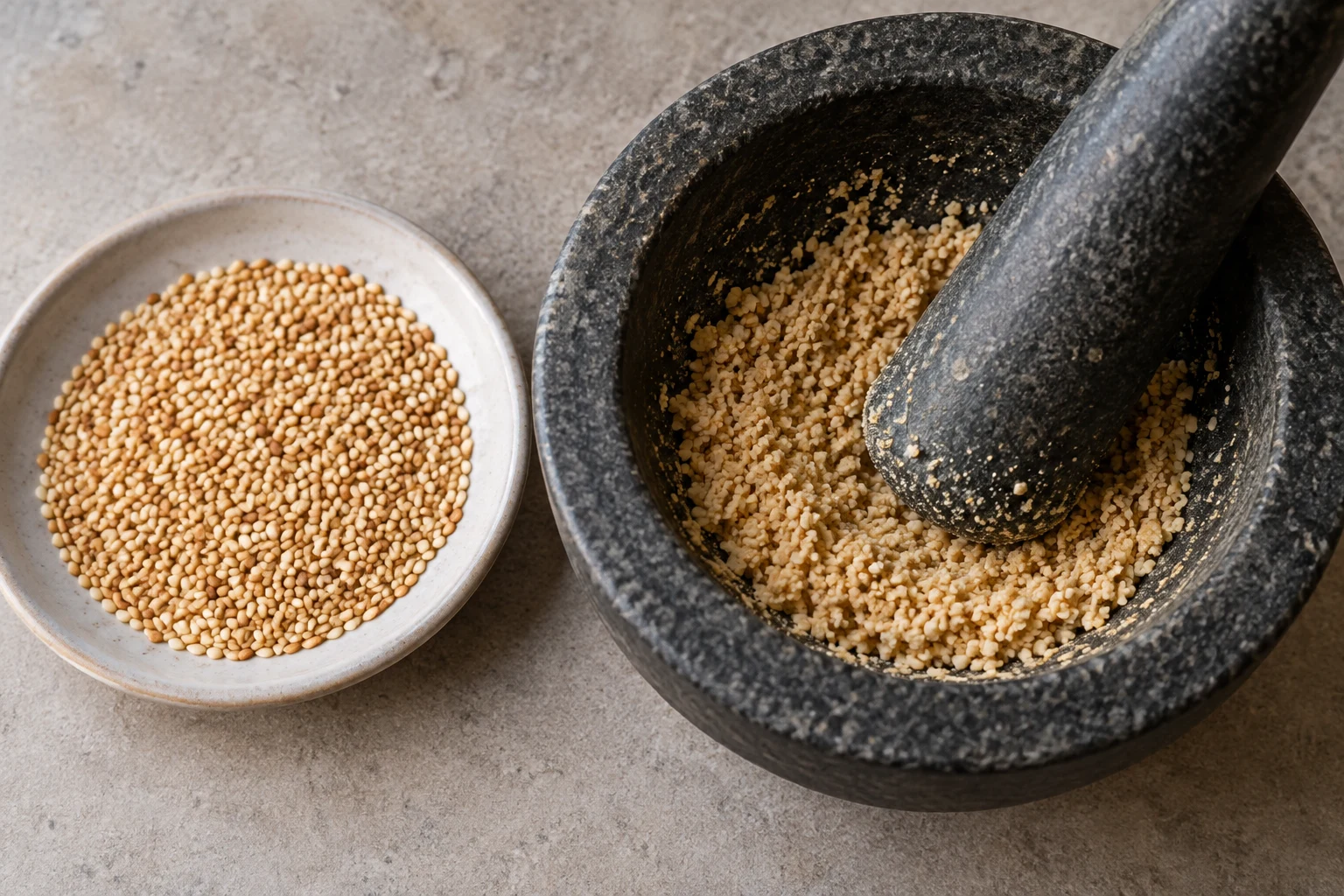 Toasted white sesame seeds beside coarse sesame meal in a stone mortar with its pestle