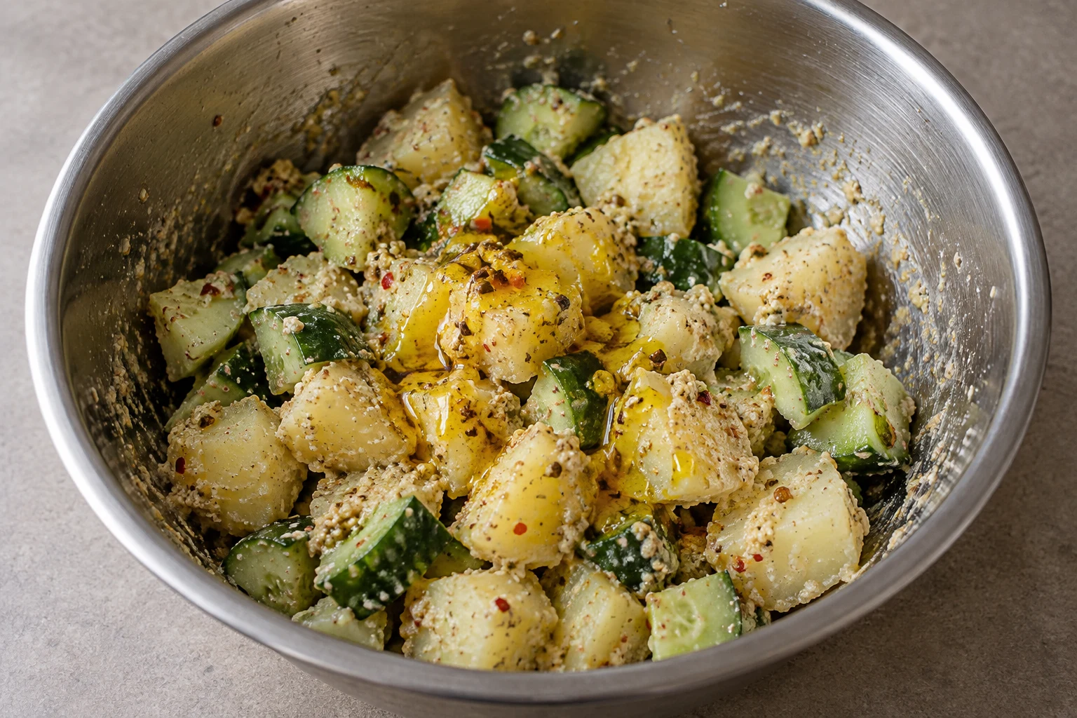 Yellow spice oil across pale sesame-coated potatoes and cucumber in a steel mixing bowl