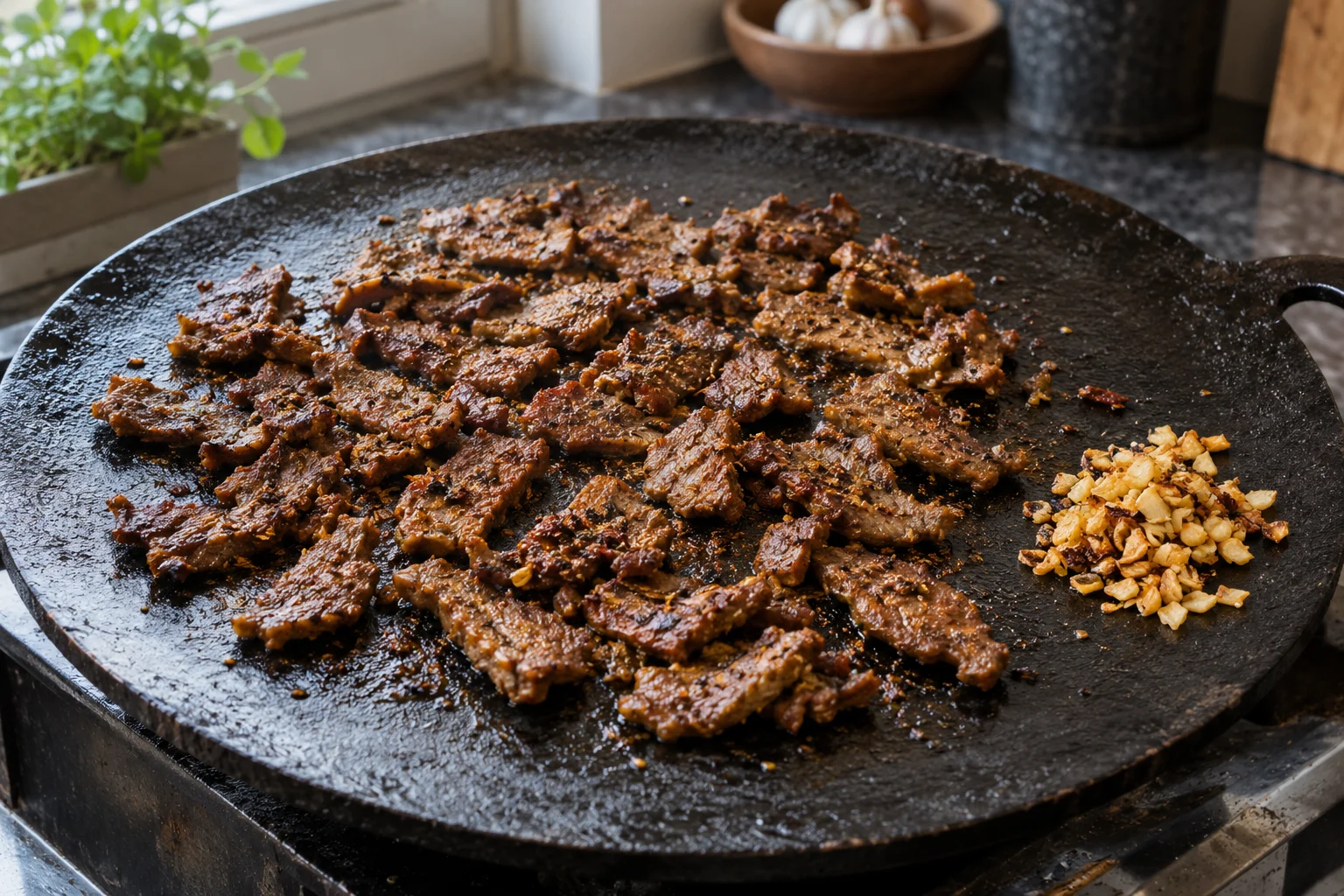 Thin cooked spiced meat pieces on a broad iron tawa with a separate pile of golden garlic