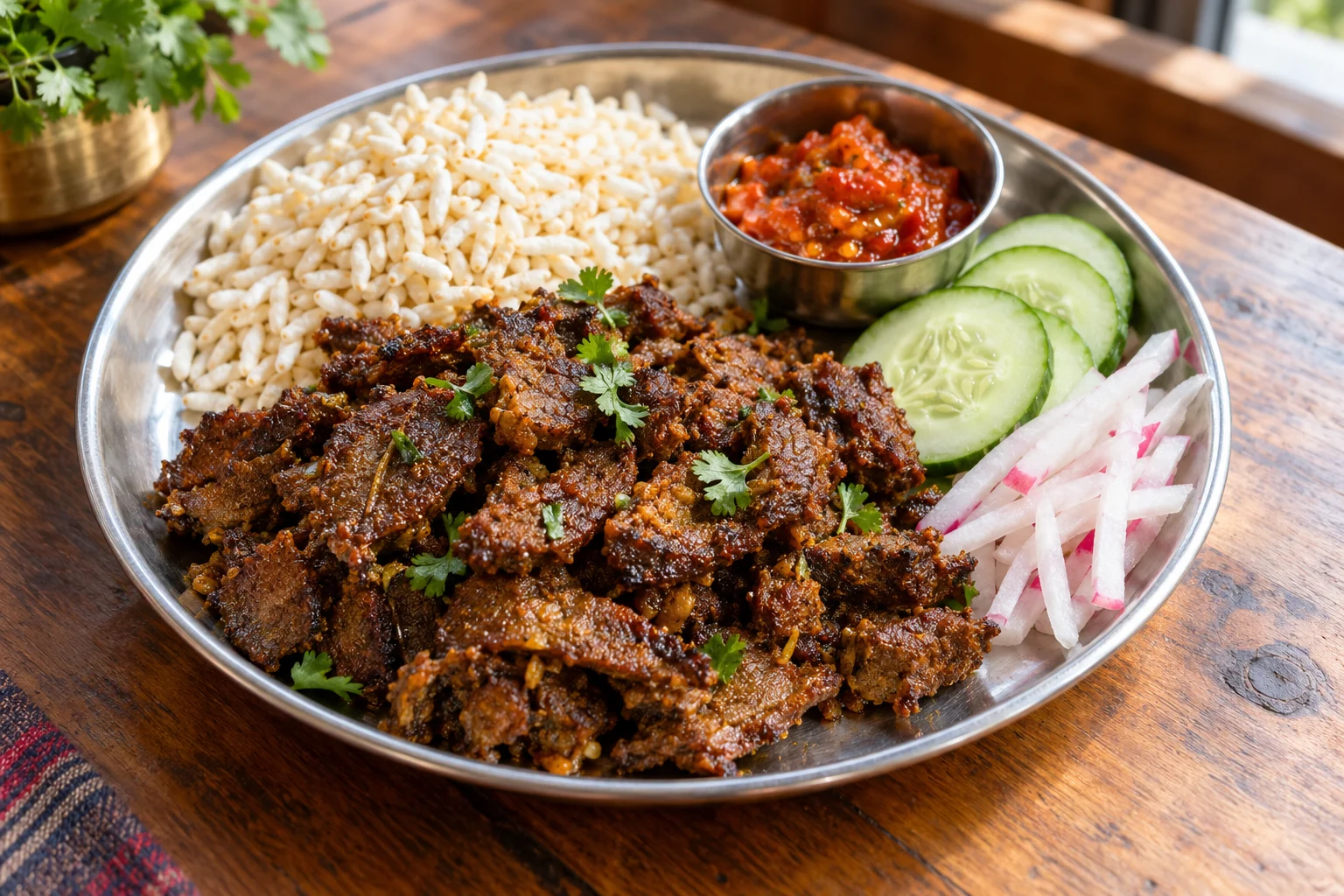 Browned spiced taas meat with puffed rice, tomato achar, cucumber and radish on a metal plate