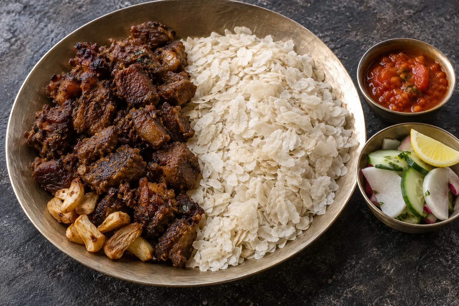 Cooked taas and pale beaten-rice flakes with fried garlic, tomato achar and a cucumber-radish salad
