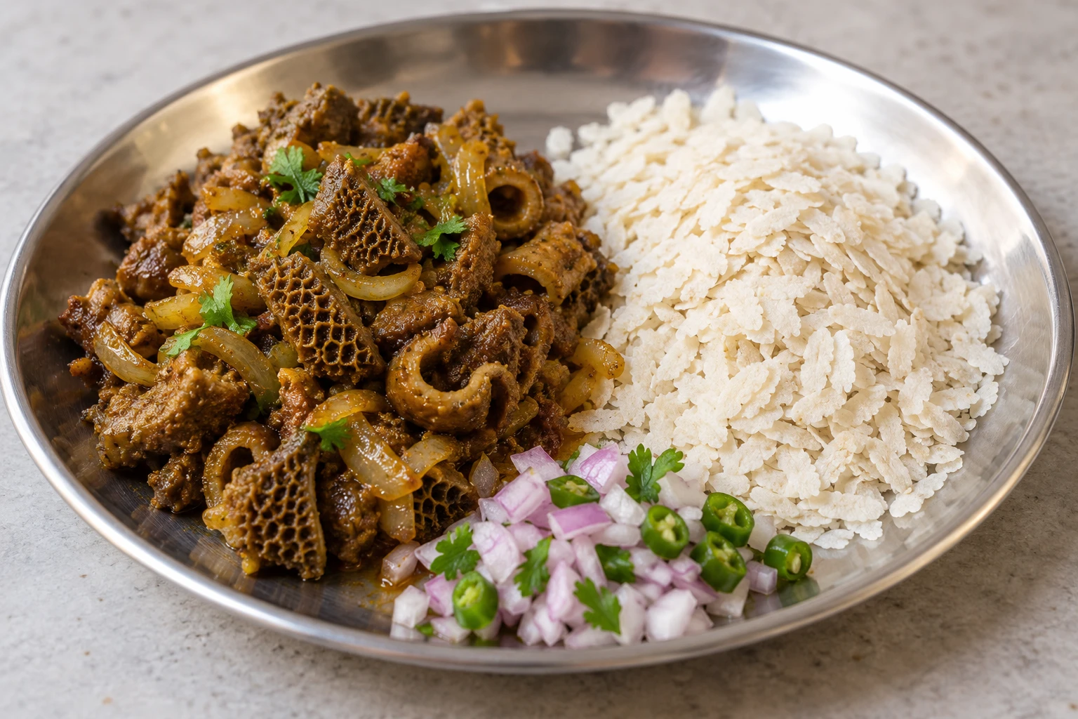 A portion of browned tripe beside flattened beaten rice flakes and onion garnish