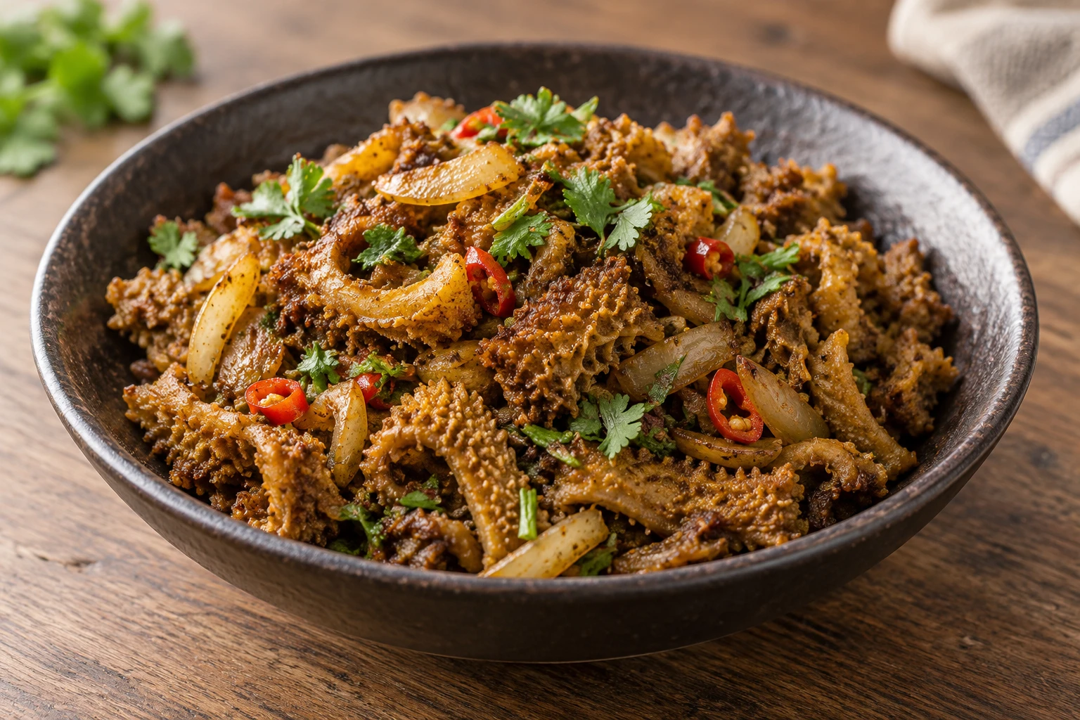 Browned spiced tripe pieces with softened onion, chili and coriander in a bowl
