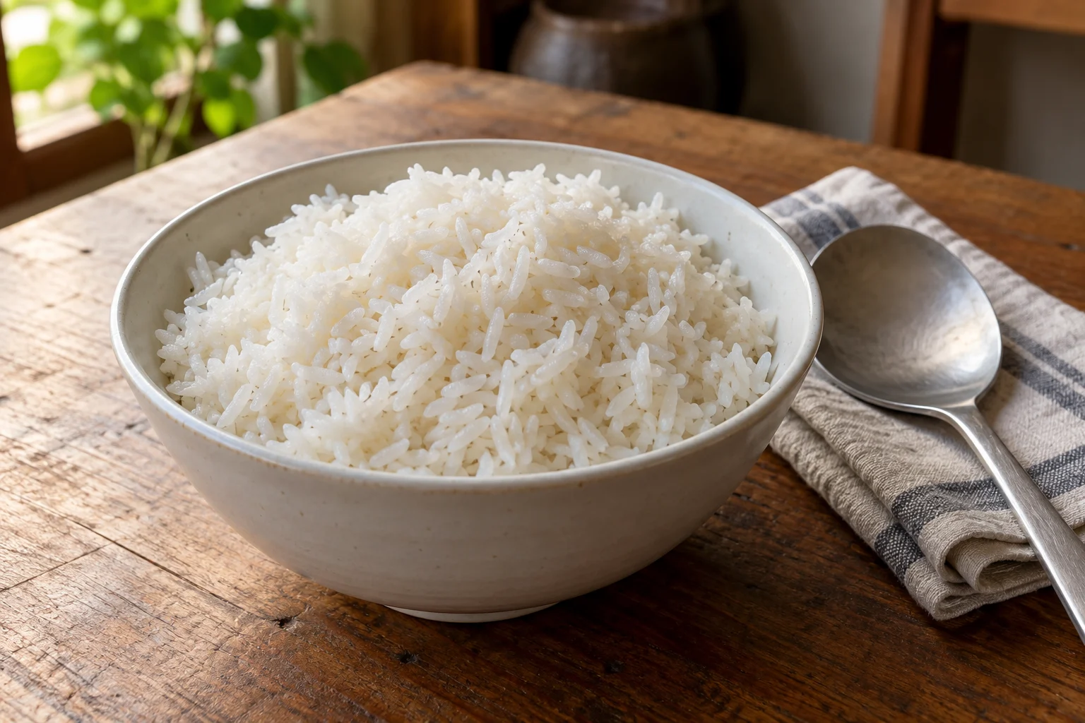 Plain cooked white rice with soft plump grains in a ceramic bowl