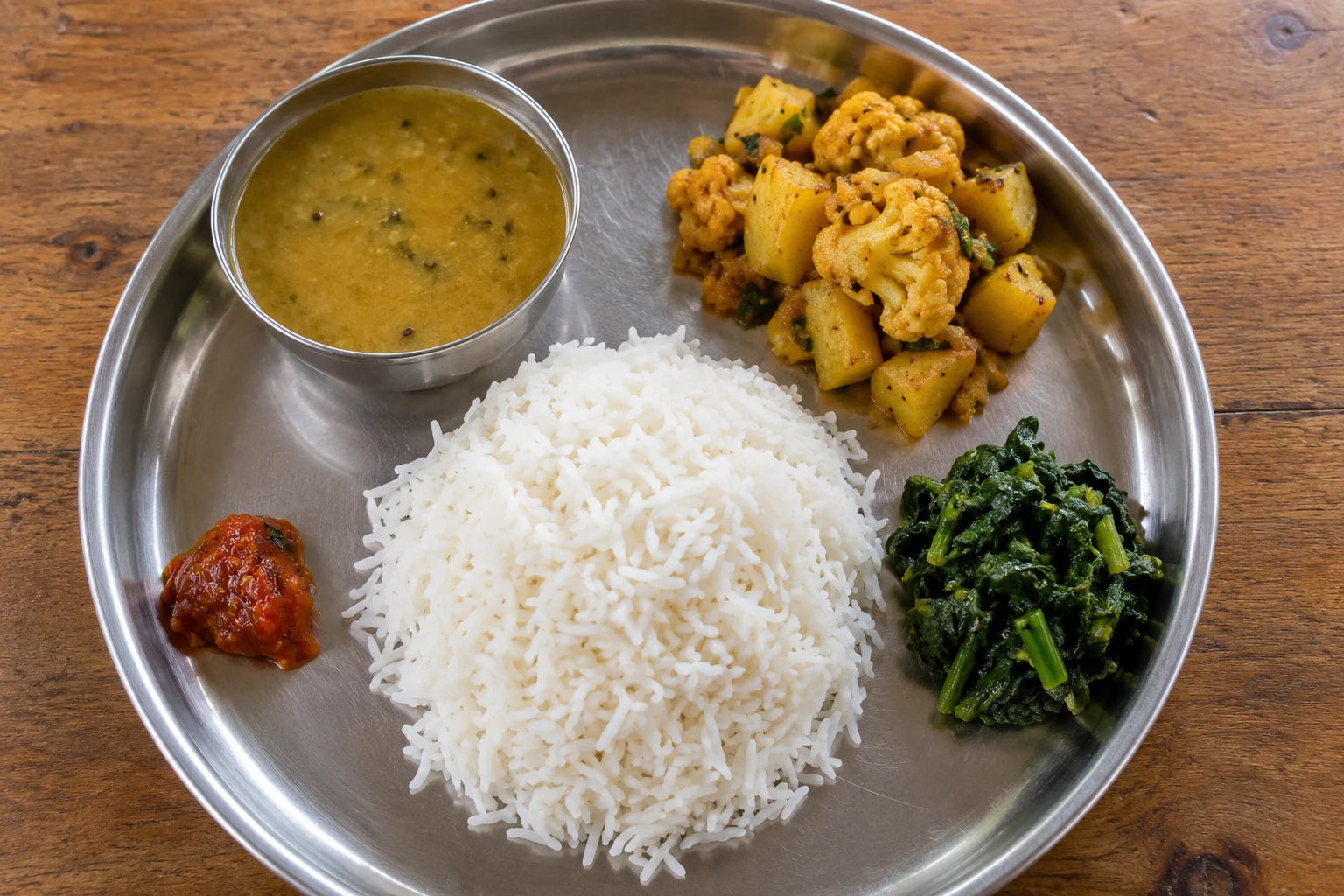 Plain rice on a steel plate with separate dal, cauliflower-potato curry, greens and tomato achar