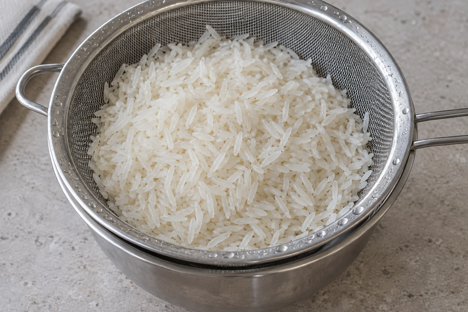 Narrow uncooked white rice grains draining in a metal sieve over a bowl