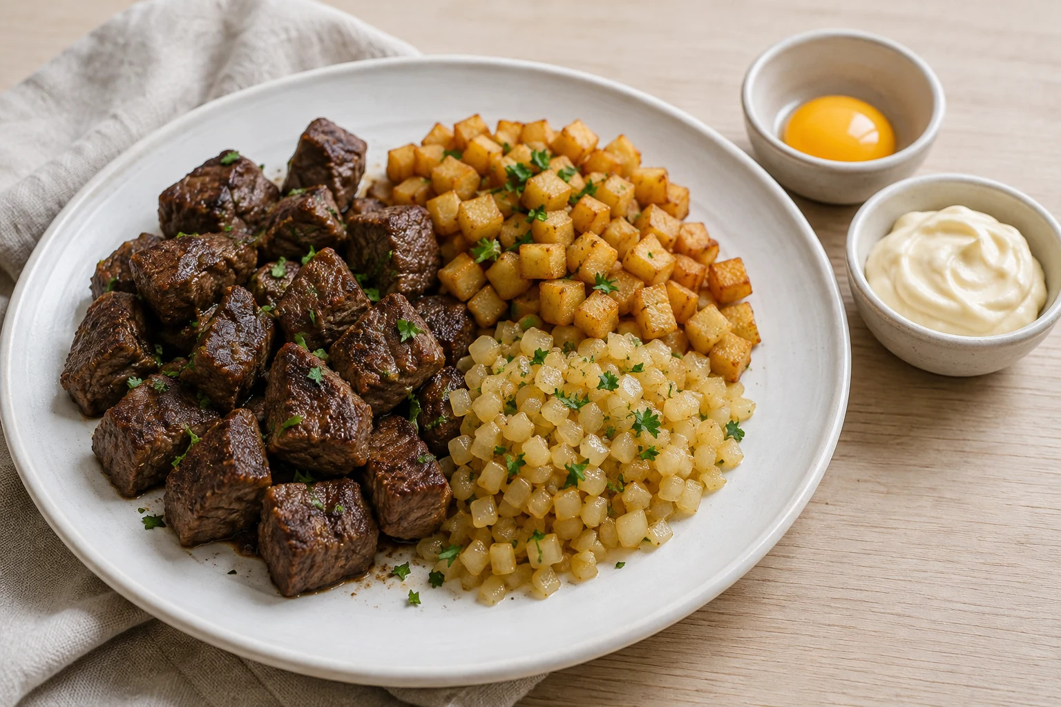 Biff Rydberg with separate portions of browned beef, golden potatoes and onions, beside egg yolk and mustard cream