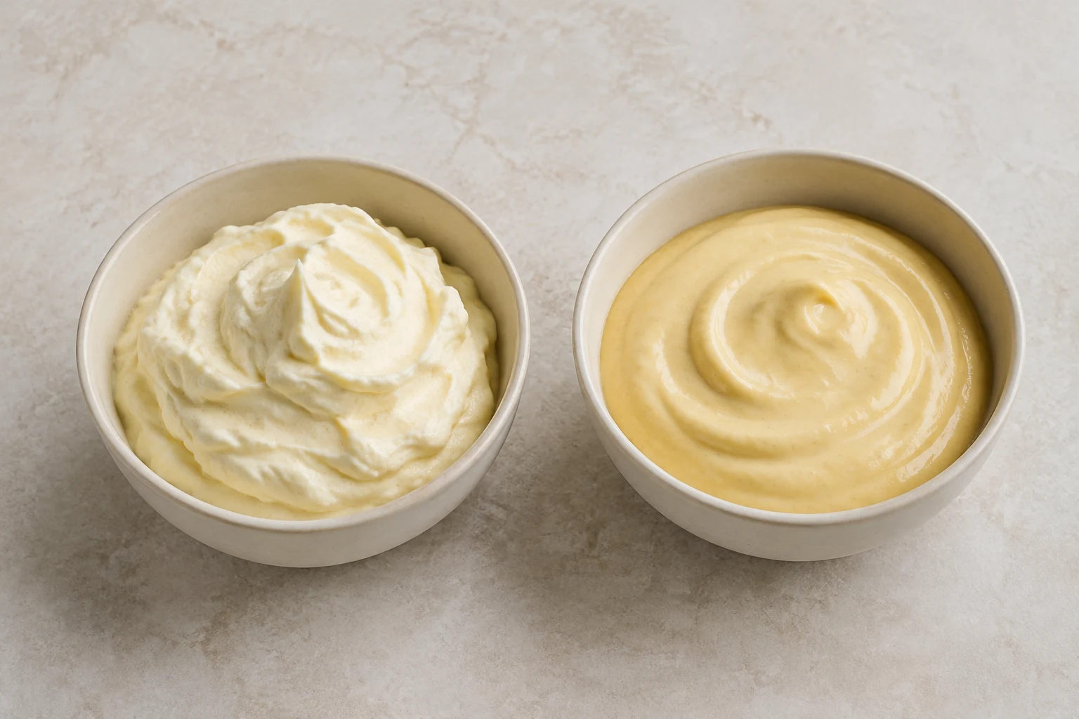 Two mustard creams: softly peaked whipped cream on the left and smooth crème fraîche on the right
