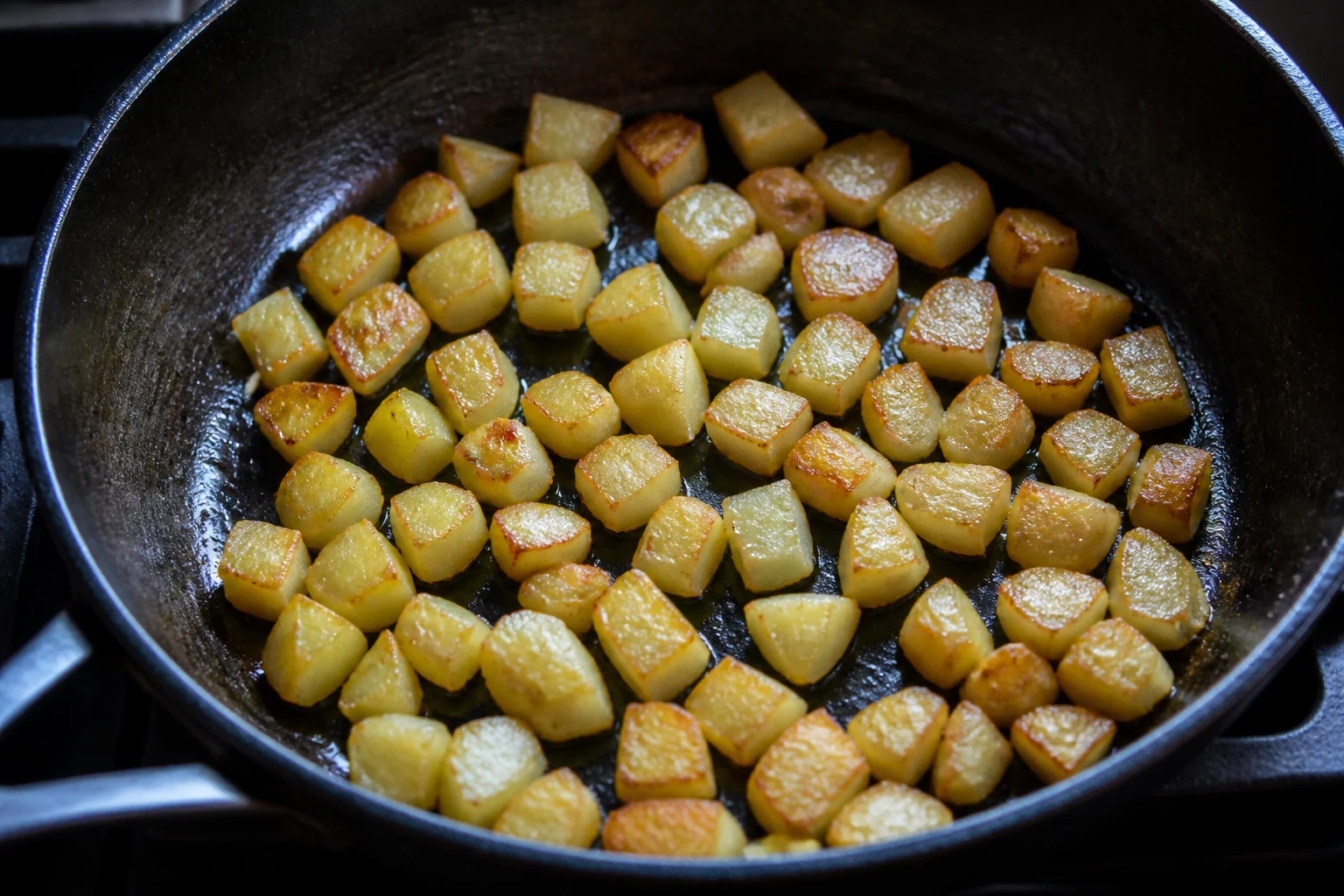 Golden diced potatoes frying in a single layer with spaces between the pieces