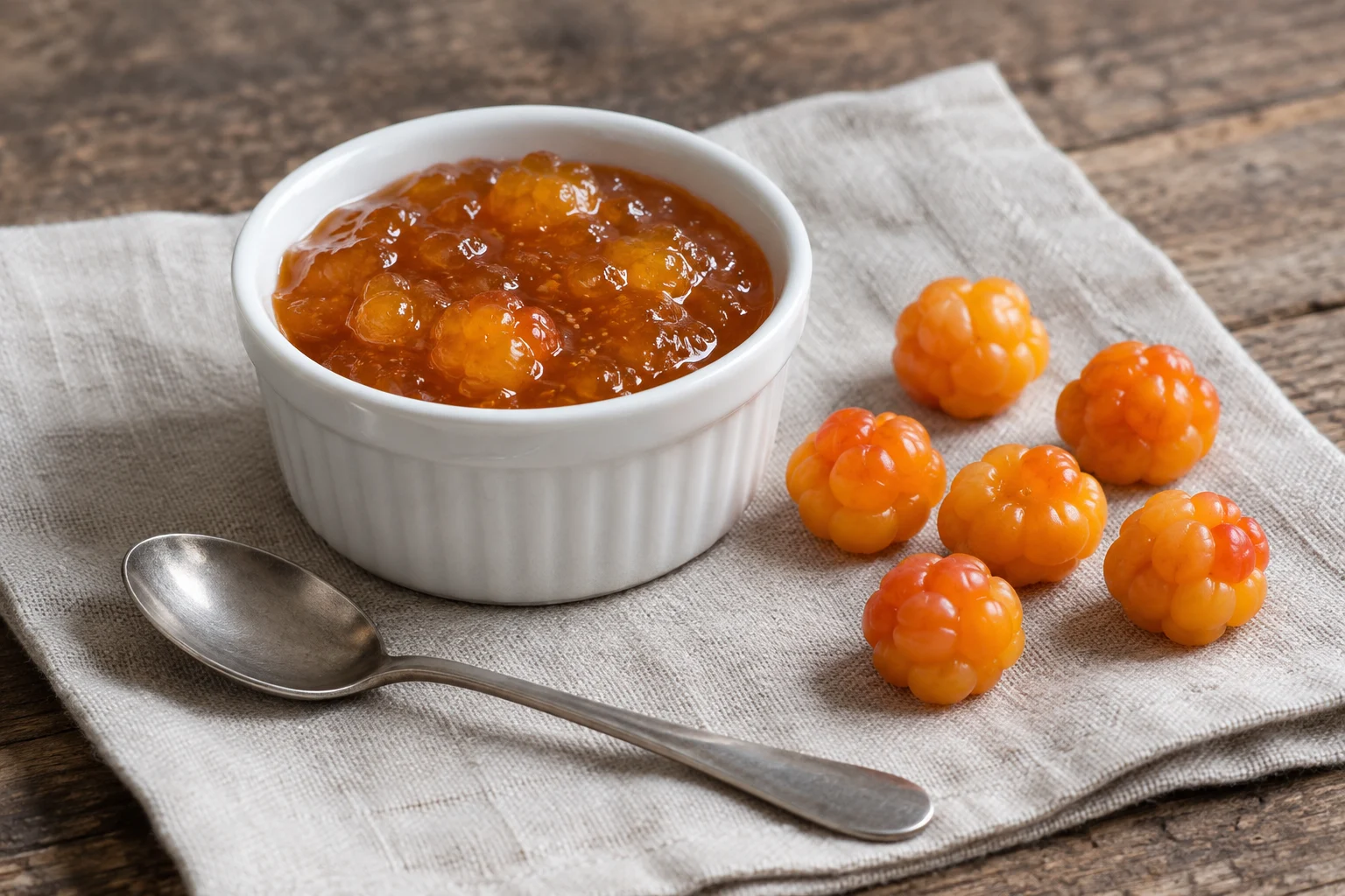 Amber cloudberry jam in a ramekin beside six yellow-orange aggregate cloudberries