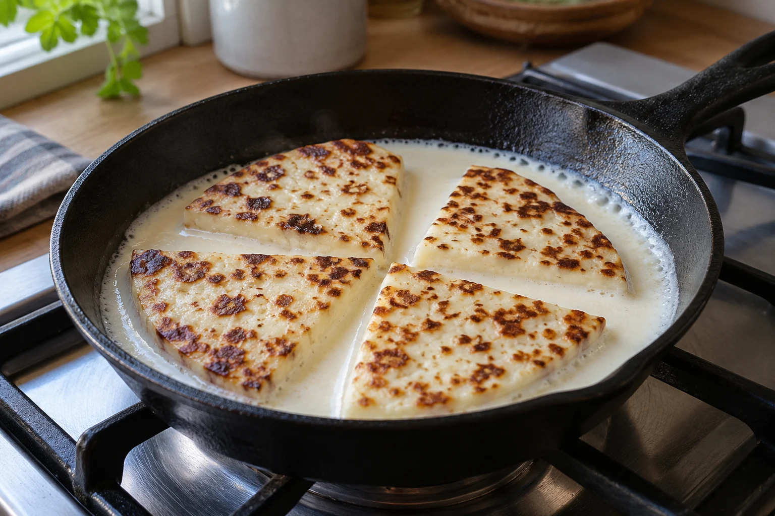 Four flat segments of browned Finnish bread cheese in a shallow pool of gently bubbling cream
