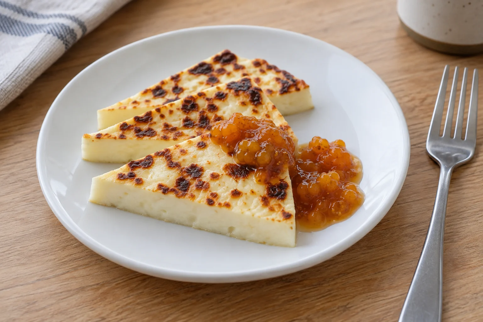 Thin wedges of white baked leipäjuusto with browned spots and amber cloudberry jam