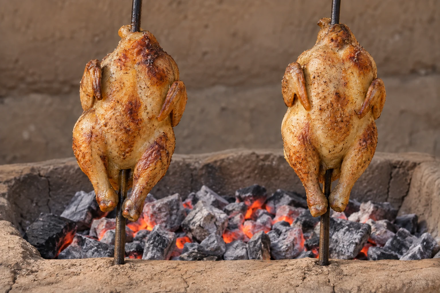 Two whole golden chickens on separate upright skewers beside glowing coals in an earthen hearth