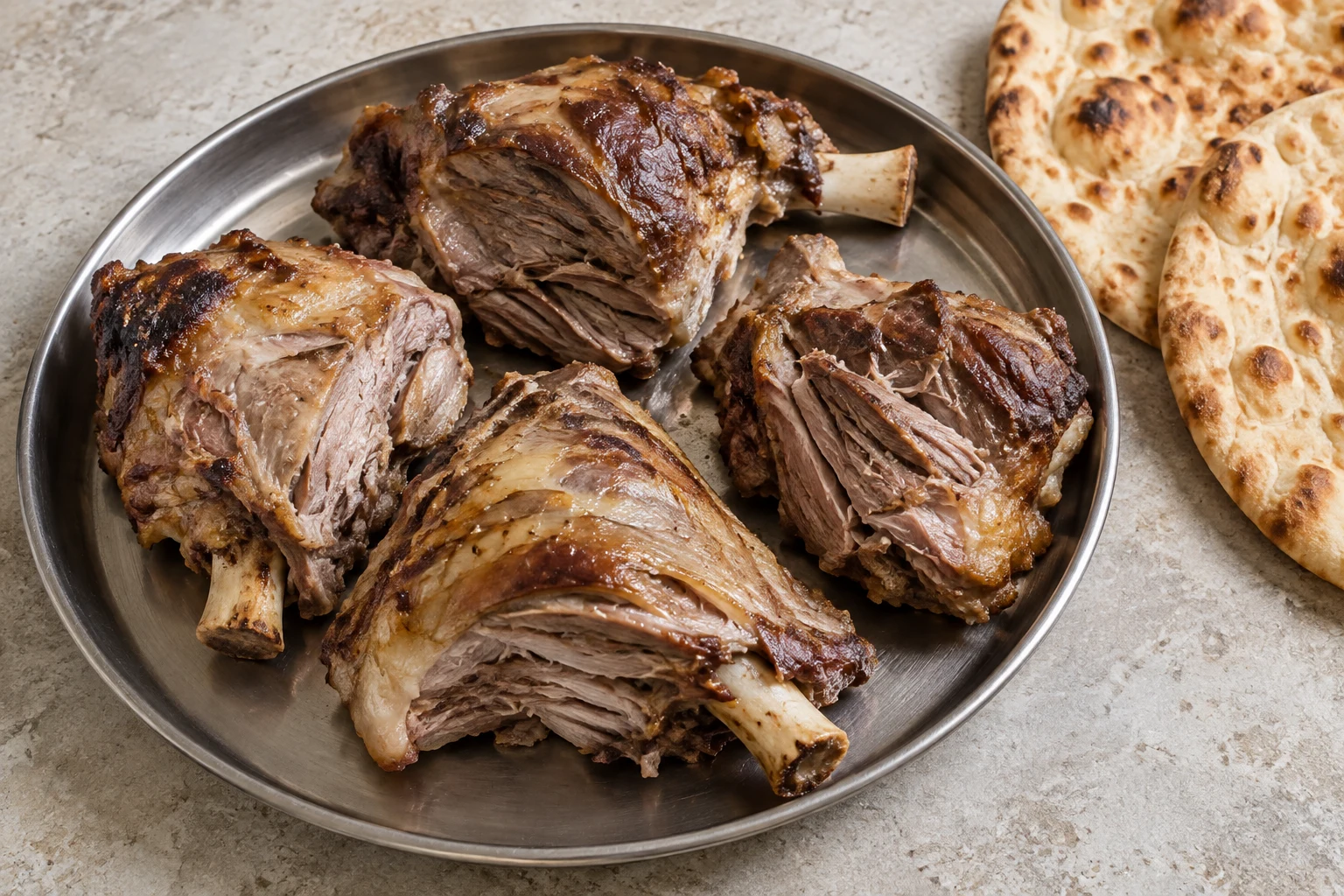 Large pieces of roasted bone-in lamb on a metal platter with plain naan alongside