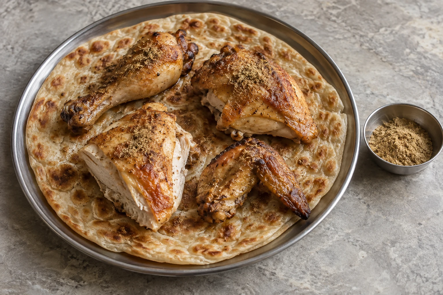 Portioned roasted chicken on a paratha with a light dusting of ground seasoning and a small spice dish alongside