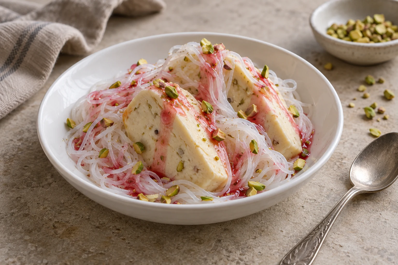 Sliced kulfi with thin white falooda noodles, pink-red syrup and pistachios in a bowl