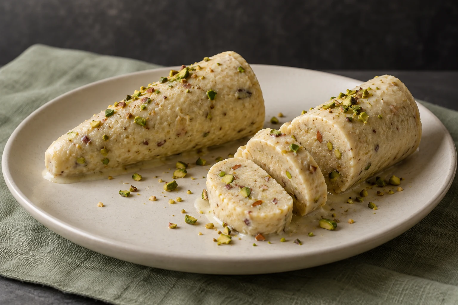 Tapered ivory pistachio kulfi and thick slices on a white plate