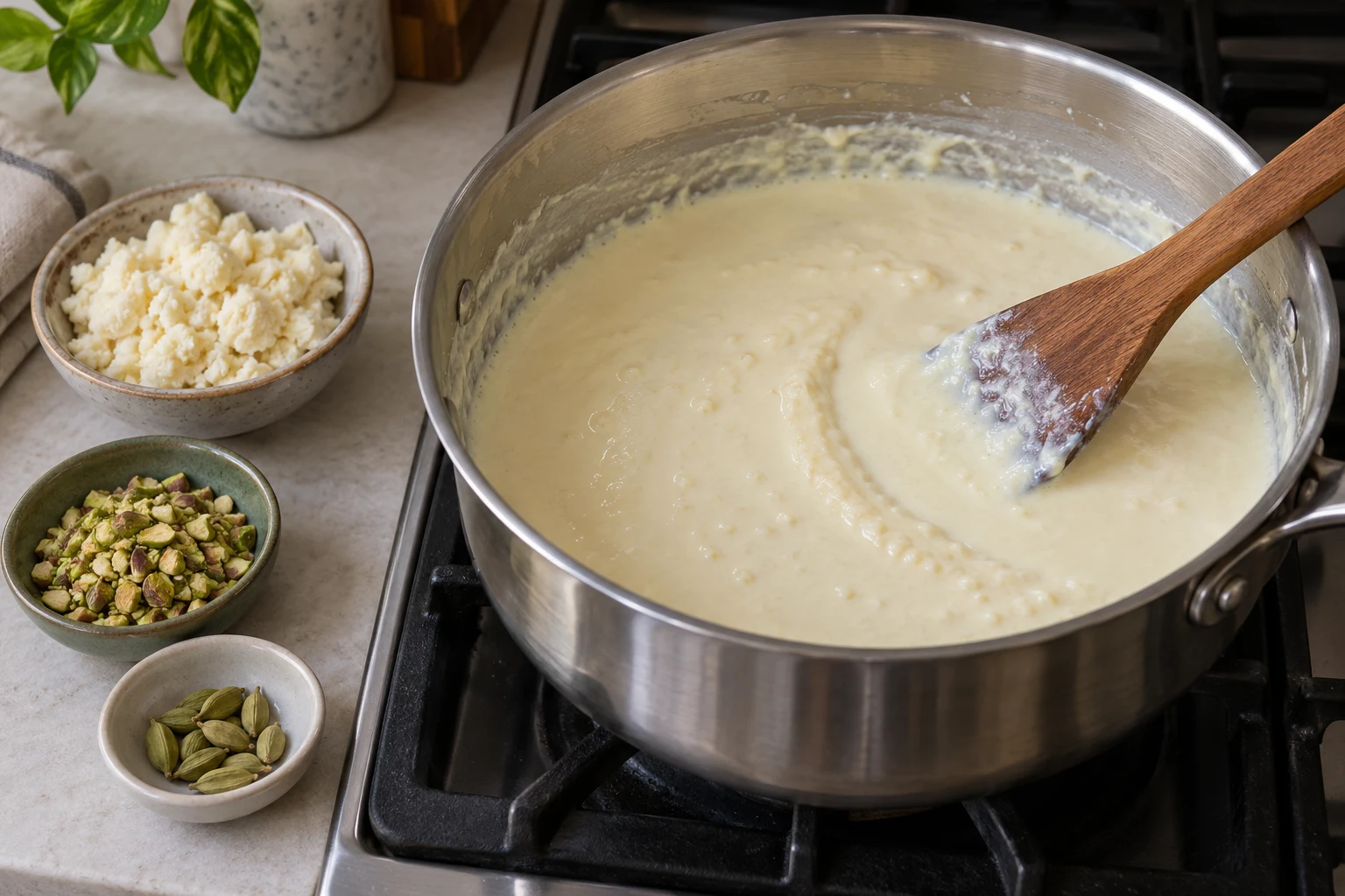 Thick reduced milk in a broad saucepan beside khoya, pistachios and cardamom