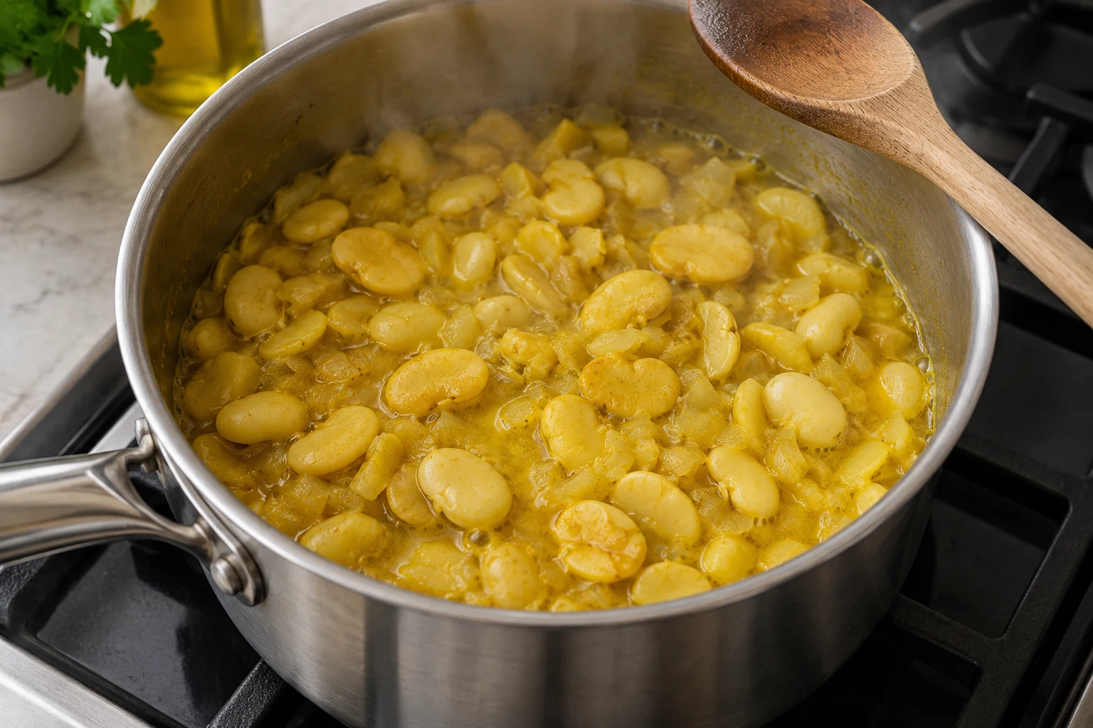 Peeled broad bean halves simmering with onion in a small pot of yellow turmeric cooking liquid.