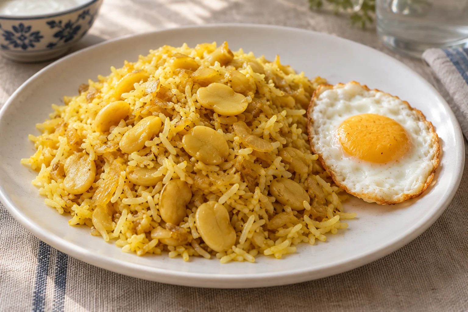 Yellow rice with broad bean halves and cooked onion beside a fried egg on a ceramic plate.